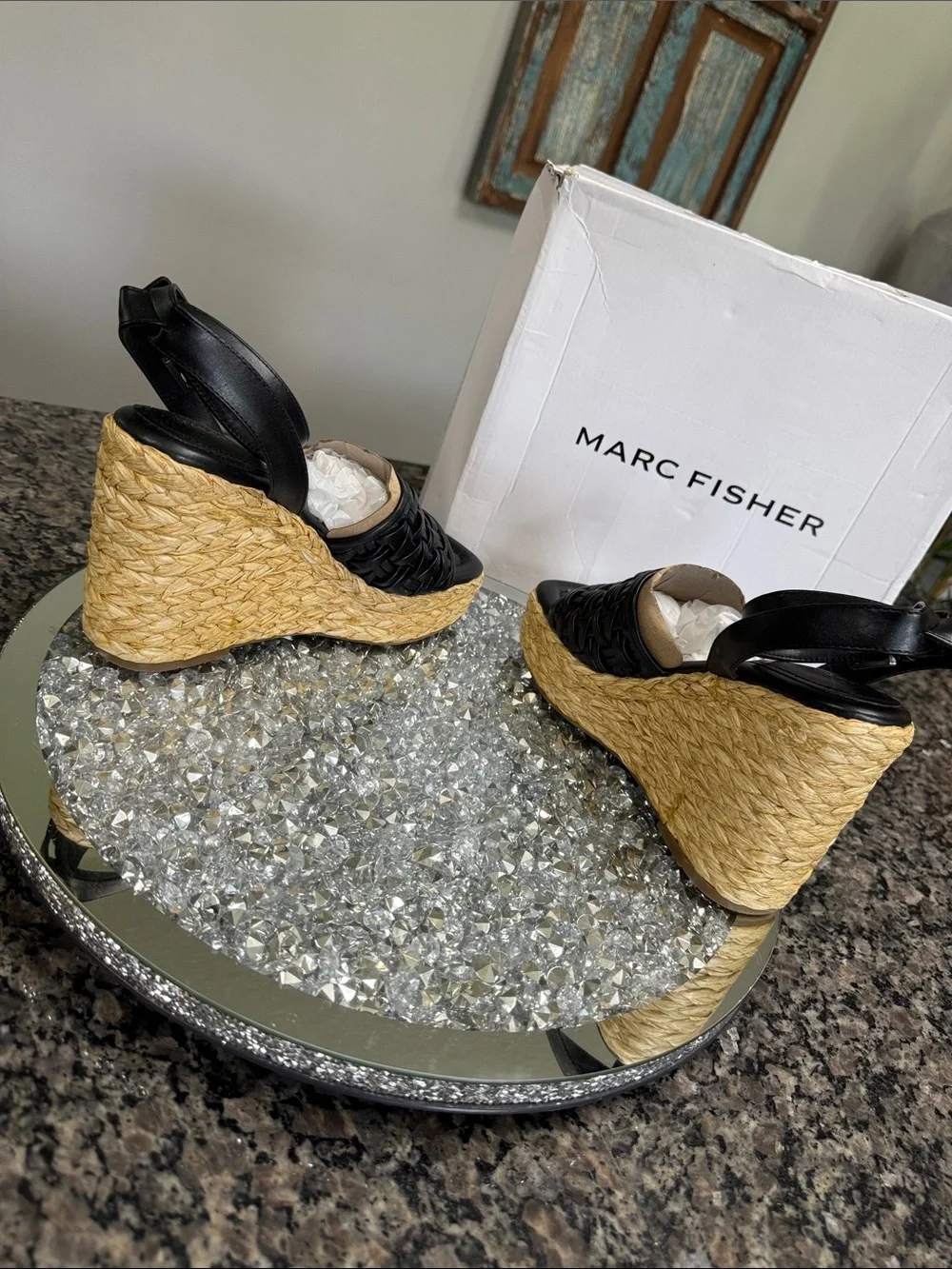 Marc Fisher Godina Black Woven Espadrille Wedge Sandals NEW 7.5